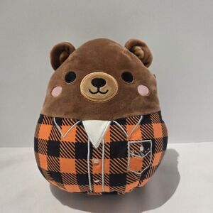 Squishmallow 7.5" Omar The Brown Bear with orange Plaid Shirt